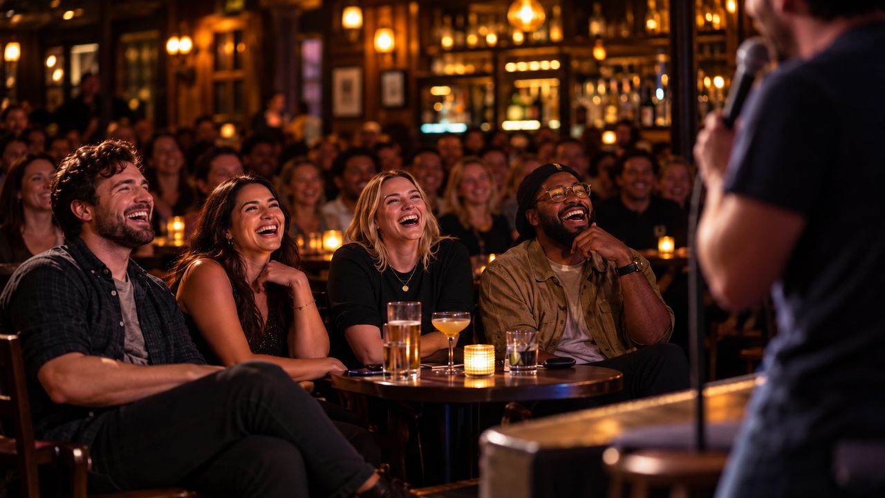 Audience laughing at a stand-up comedy show in a dimly lit bar